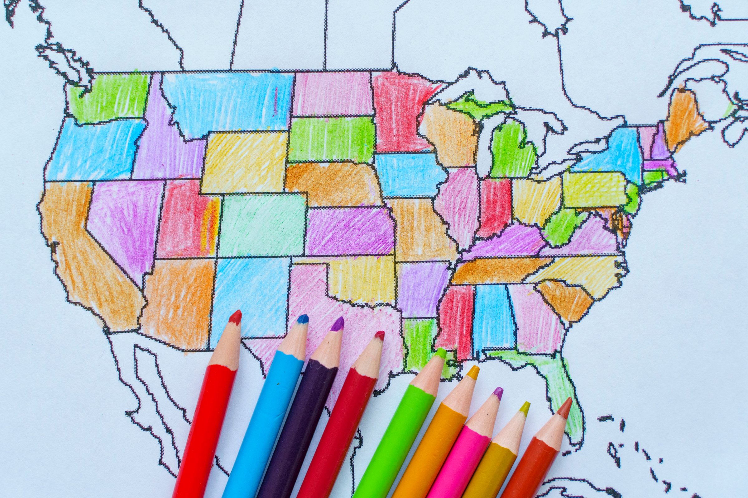 Drawn Map of the USA. Colored Map of America for Kids with Pencils. High quality photo