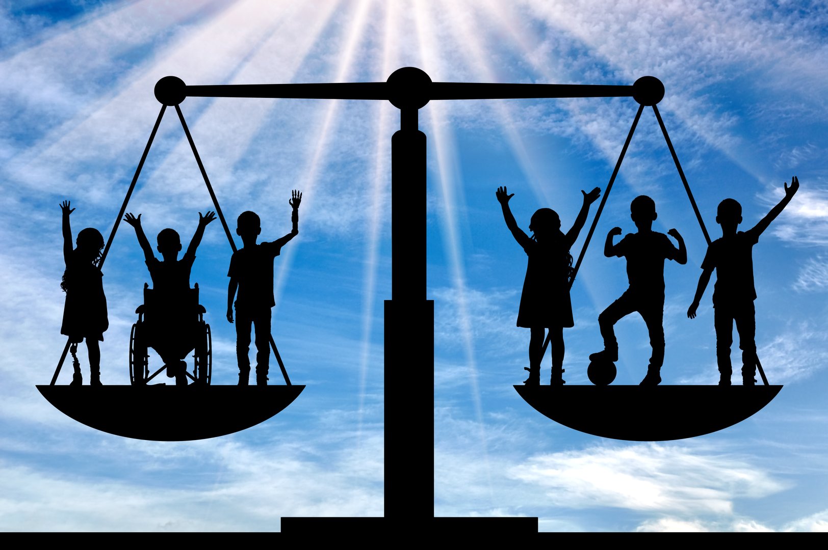 Equality among children, featuring a balanced scale with both disabled and non-disabled kids. Concept importance of equal opportunities and inclusion for all children