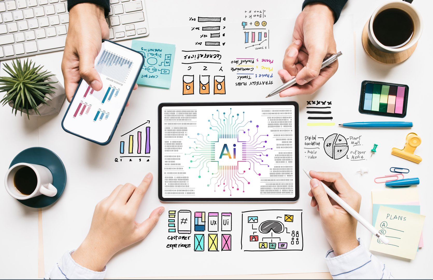 Business ideas with top view person work on desk with ai technology or creativity divice.smart work. data management