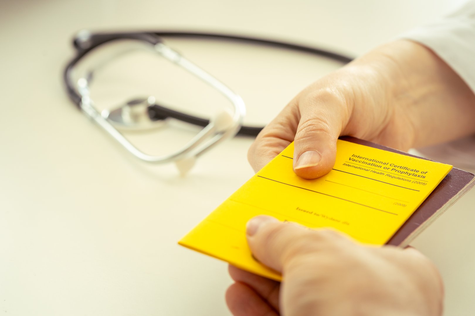 A doctor holds in her hand a Yellow Book of vaccinations against dangerous infectious diseases occurring around the world, Health protection before traveling abroad