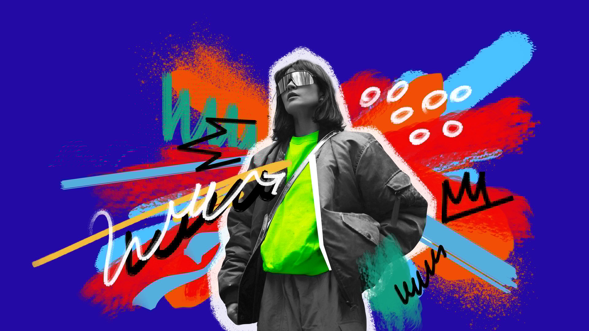 Young woman showing style in vibrant and colorful streetwear outfit on bright abstract background. Comfort and trendiness. Contemporary art collage. Concept of modern fashion, creative, youth, style