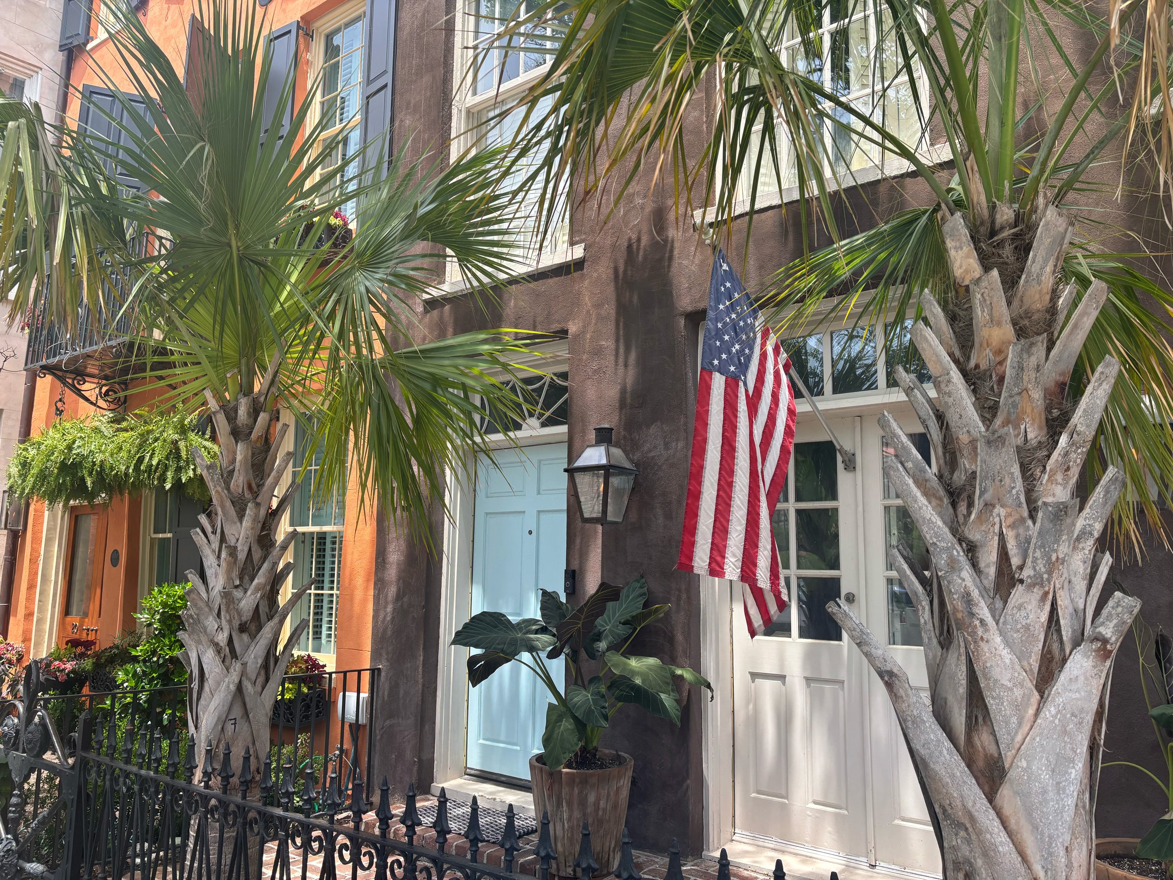 Historic row of homes in tropical Southern neighborhood with American flag