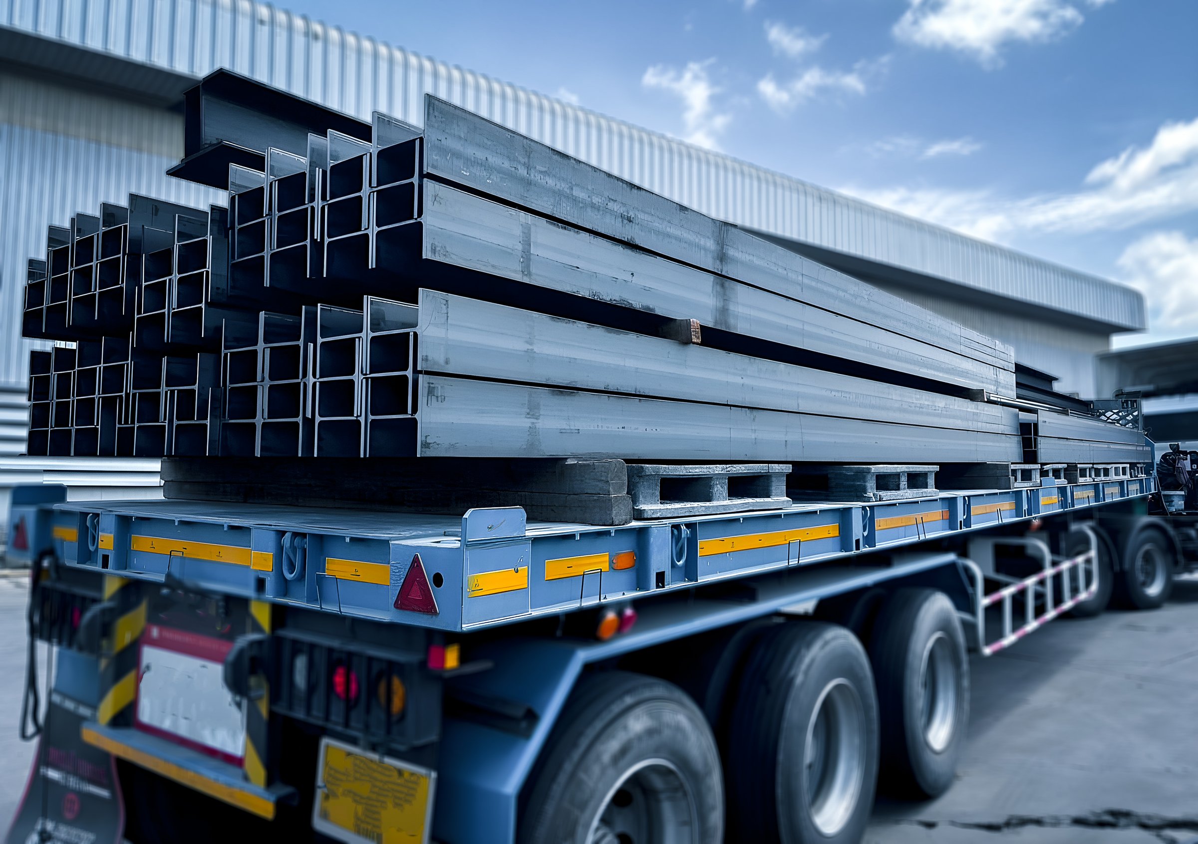 steel construction products H-beam on transport vehicle.iron steel store in warehouse heavy industry.Steel group for industry  material Product of engineering  construction Factory.