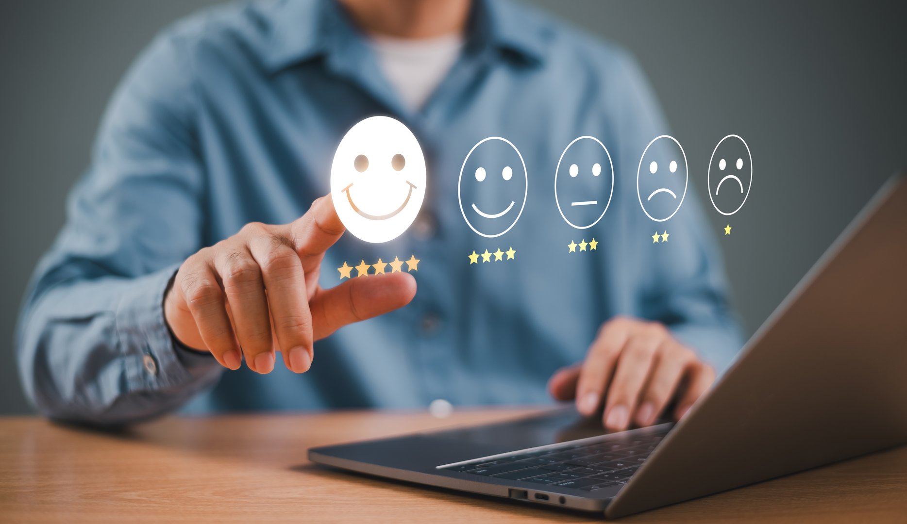 Customer satisfaction survey concept. Questionnaire business experience feedback service. User client review happy face 5-star satisfaction rating online application. Check evaluate product quality