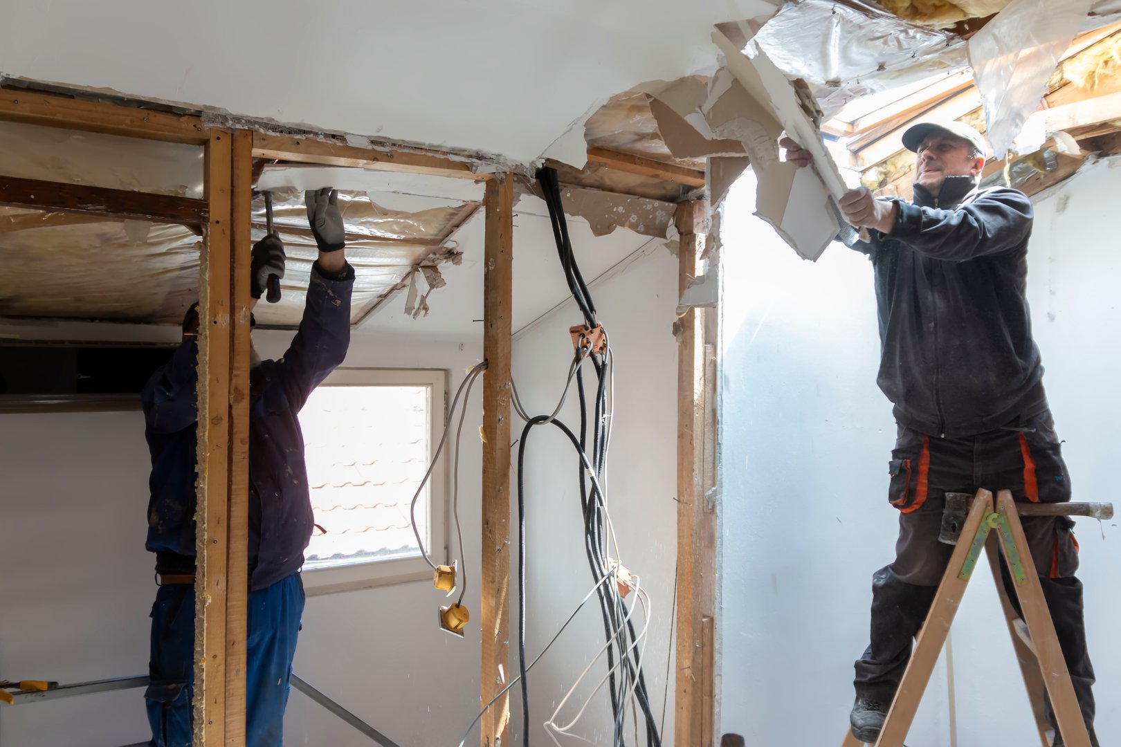 Preparation for renovation in the apartment.
Home renovation workers crew. Builders apartment improvement or restoration works.