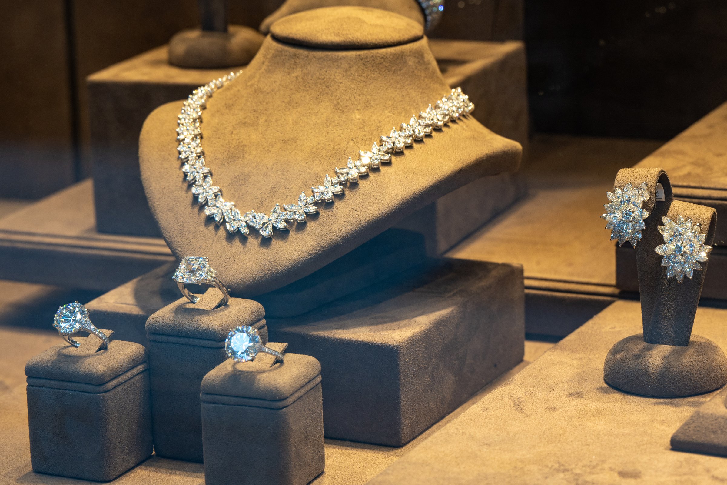 Boston, MA, USA - November 28, 2025: Diamond jewelry in store window on Newbury Street