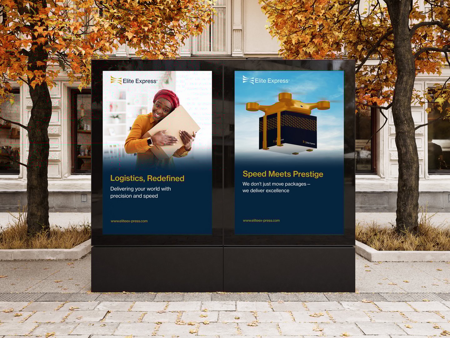 Two Elite Express posters on a city street promoting precise logistics and excellent package delivery.