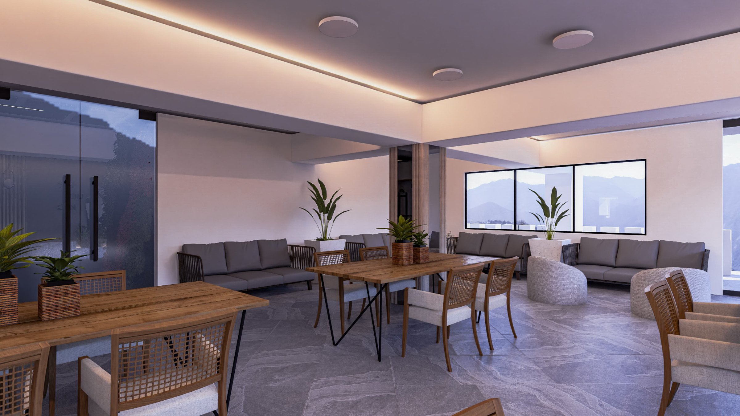 Modern lounge area with wooden tables, chairs, gray sofas, and large windows, featuring indoor plants and natural lighting.