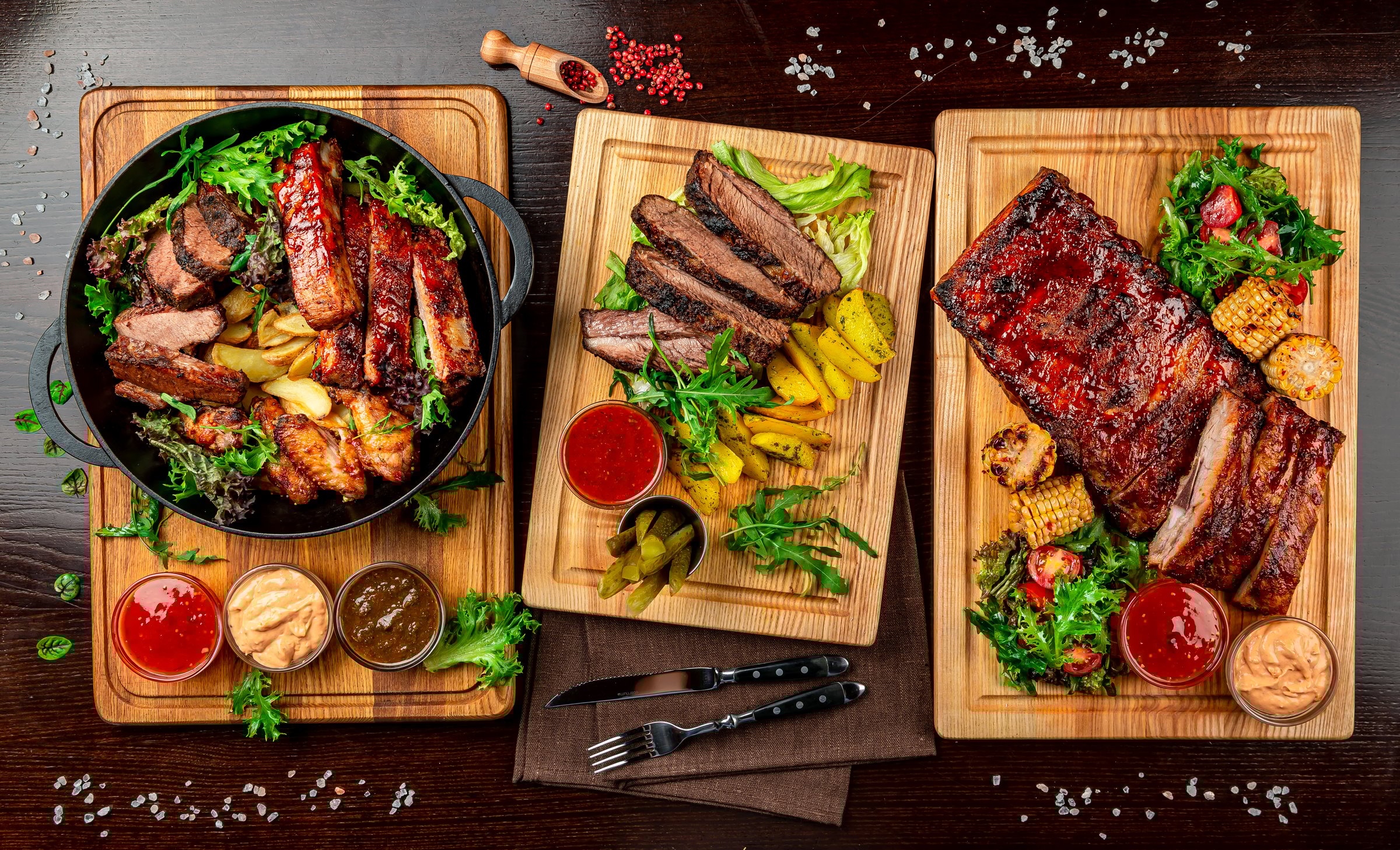 Different types of meat, chicken, veal, pork grilled. Serve in a skillet with potatoes. BBQ meat