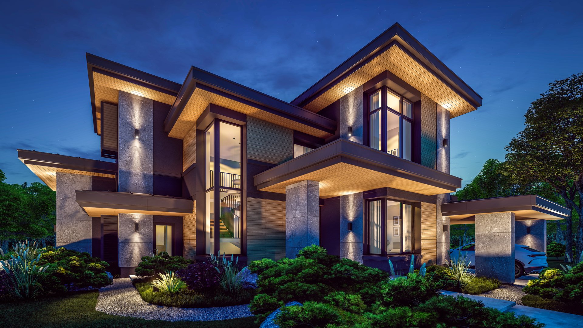 3d rendering of modern cozy house with pool and parking for sale or rent in luxurious style and beautiful landscaping on background. Clear summer night with many stars on the sky.