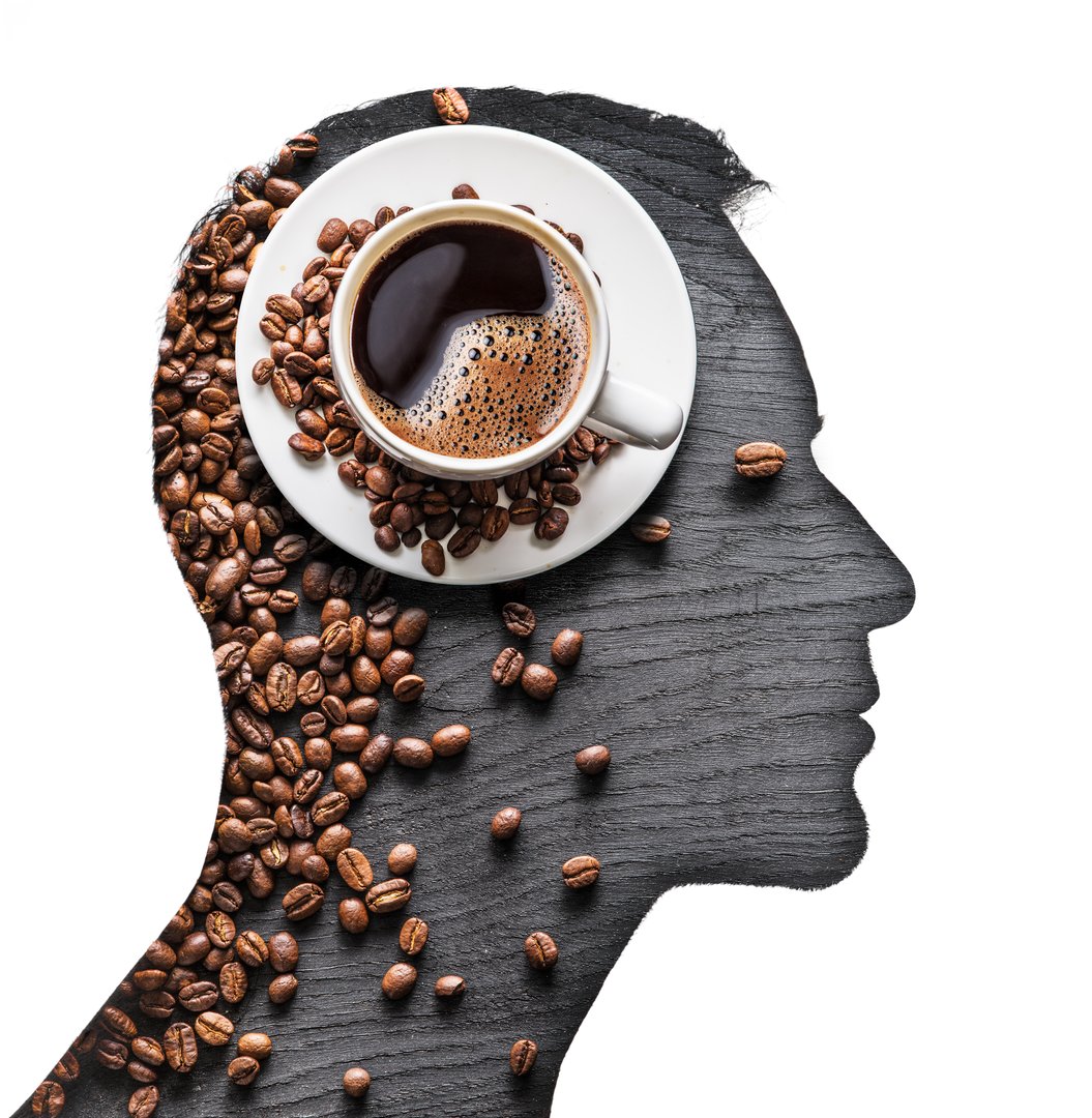 Creative double exposure of man and cup of coffee. Isolated on white.
