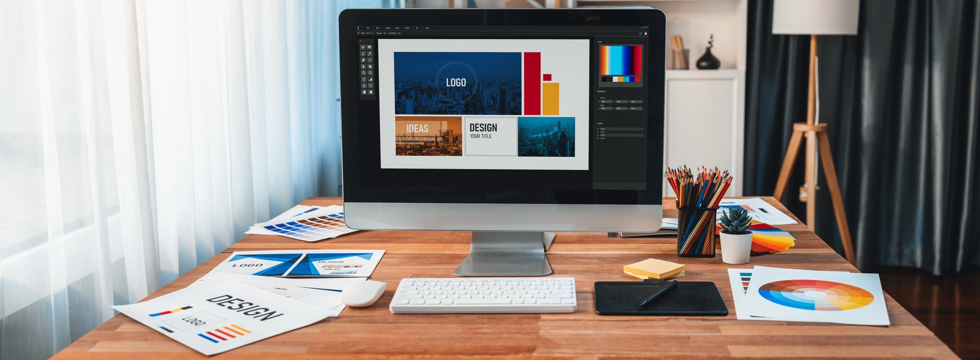 Panorama shot of creative various color palette idea arranged neatly display on computer screen for graphic designer workspace. Color swatches and selection for unique digital art design. Scrutinize