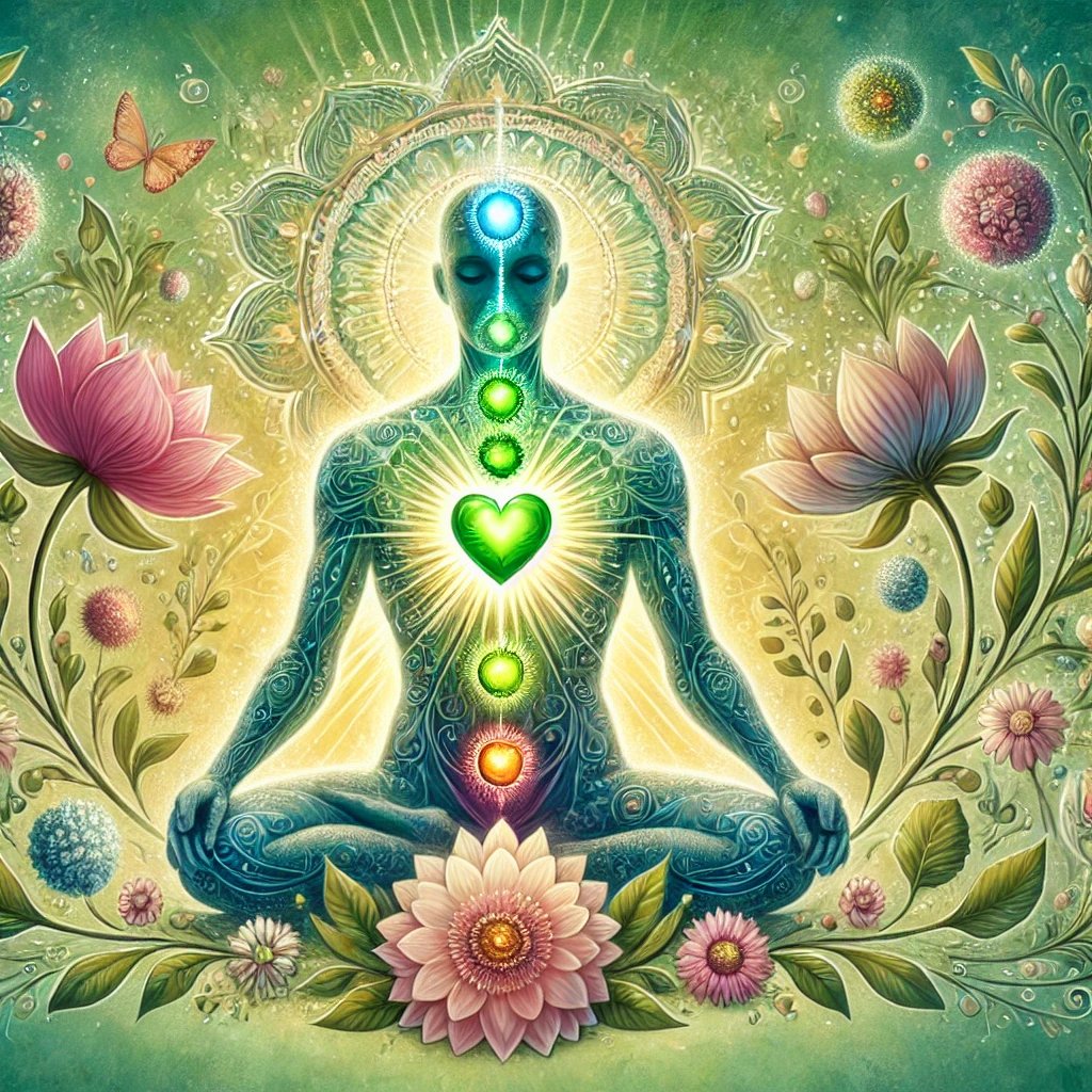A meditative figure with chakras illuminated sits amid blooming flowers, surrounded by symbols of nature and spirituality.