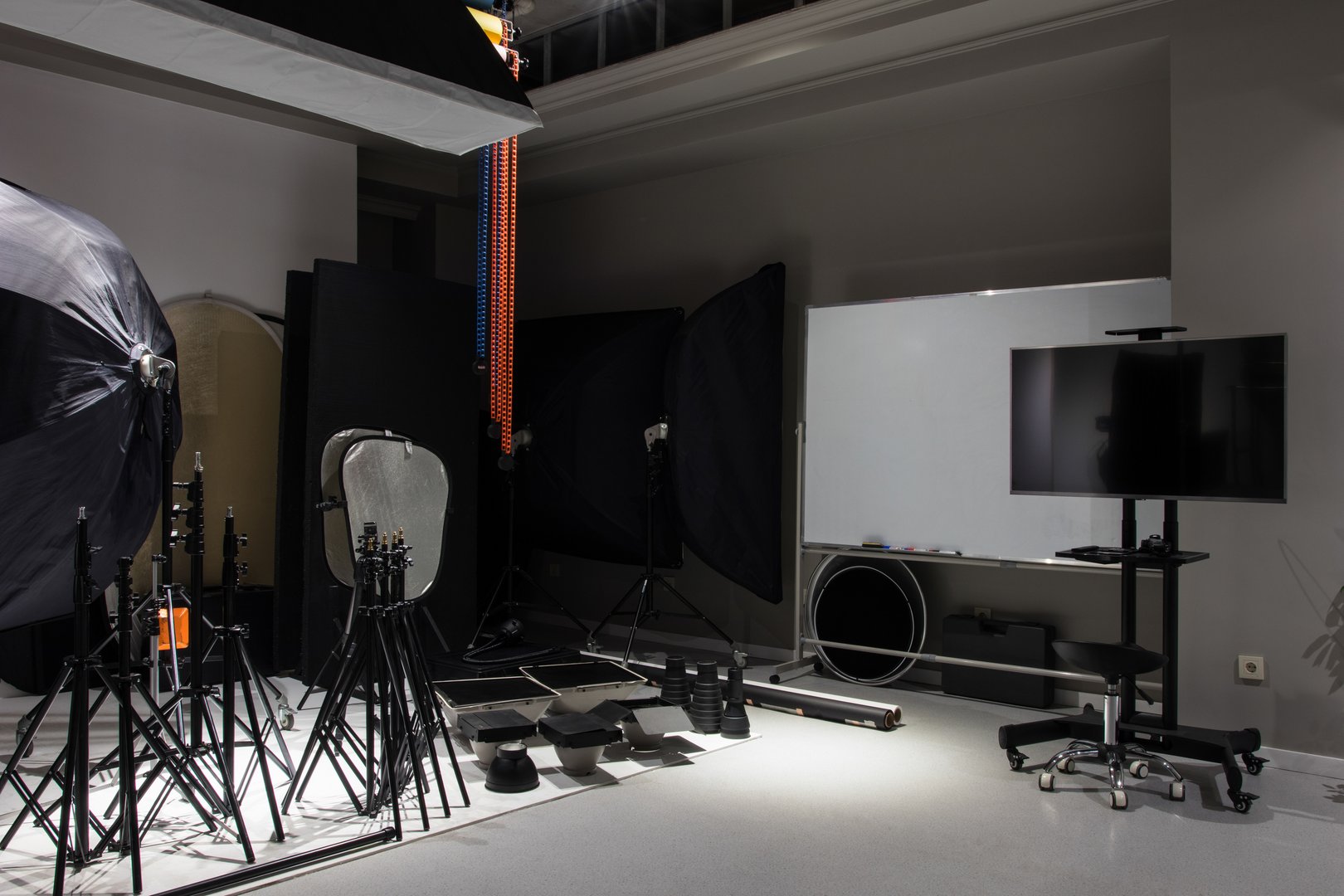 Interior of a modern photo studio. Technics and equipment