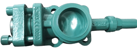 Green mechanical valve with multiple bolts and circular openings, likely used in industrial applications.