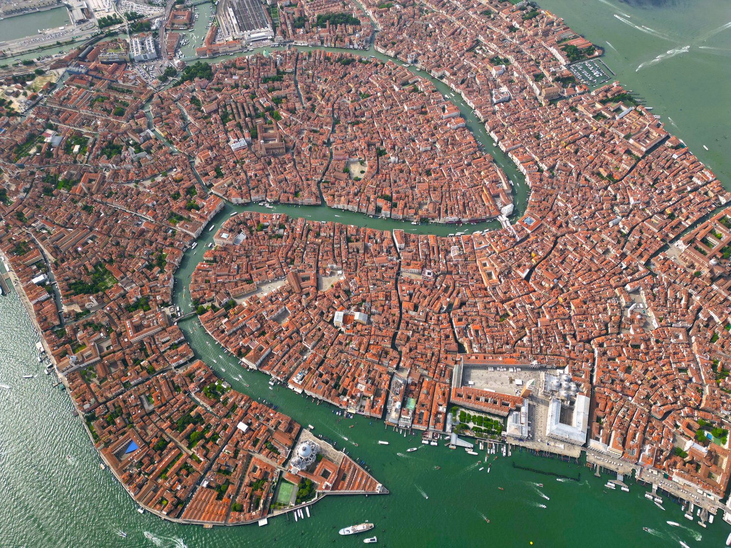 High altitude panoramic shot of Venice in Italy