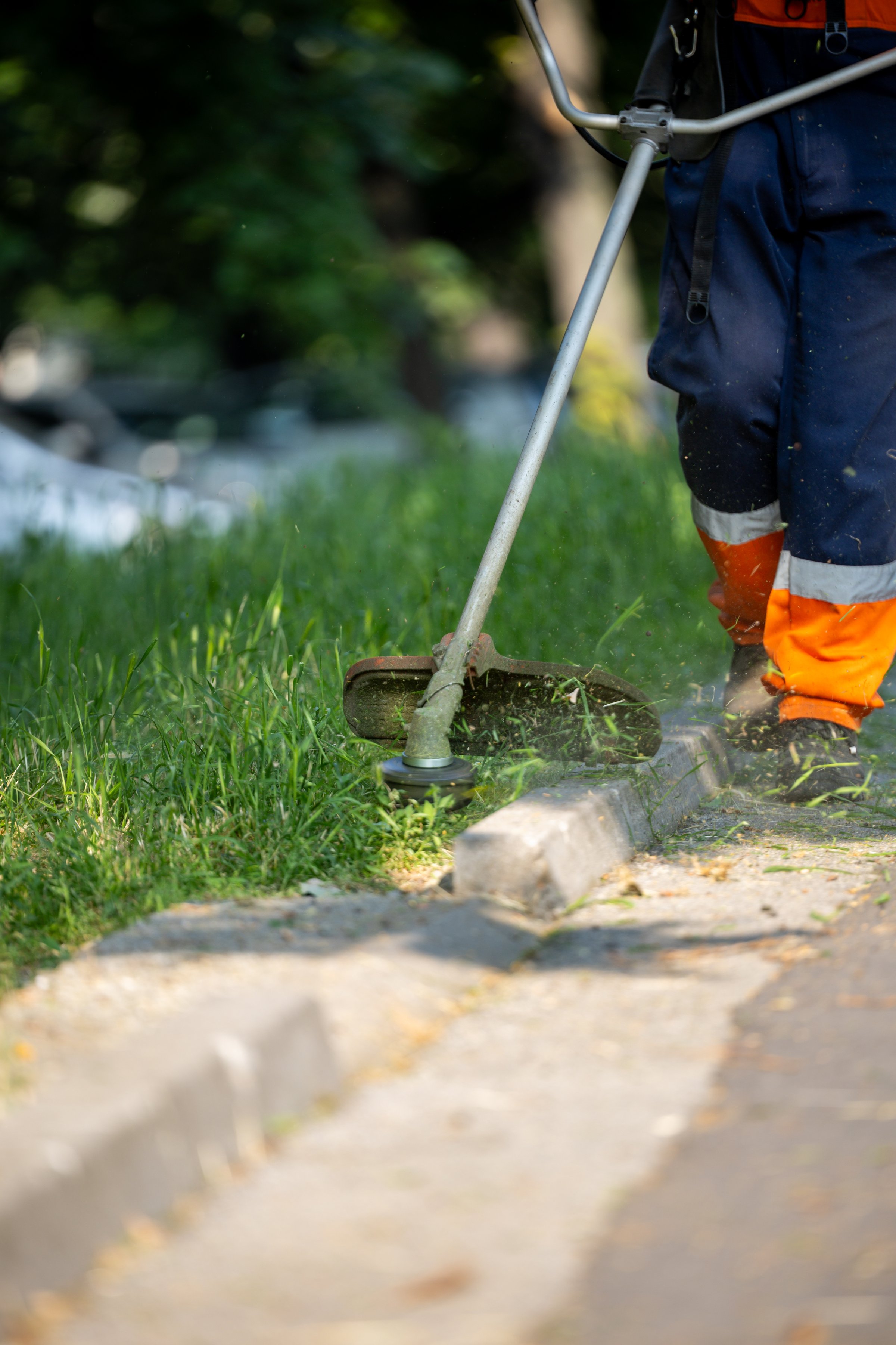 A person uses a string trimmer to cut grass near a sidewalk in a sunny urban park. The worker wears protective gear and orange pants while maintaining the area.