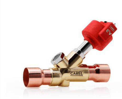 A brass and copper CAREL valve with a red actuator, designed for control in HVAC systems.