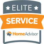 Badge displaying Elite Service with HomeAdvisor logo, featuring two stars at the top and a ribbon design.