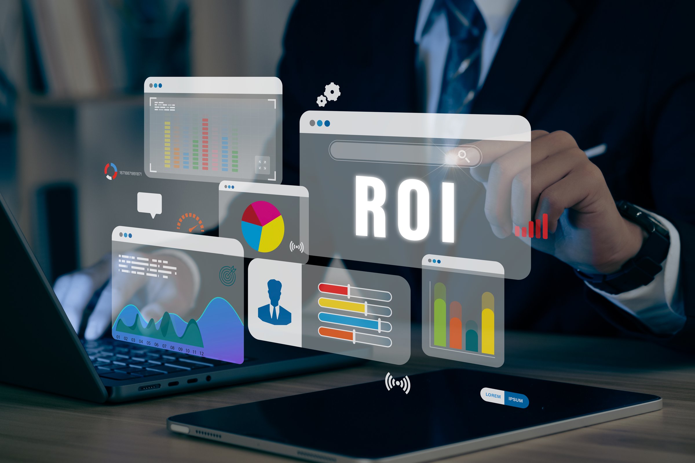 Businessman working with laptop to ROI, Return on investment, Business and financial concept.
