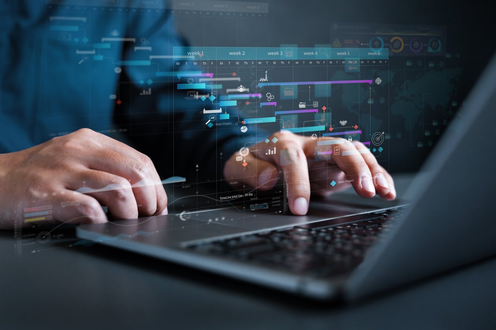 analytics chart, business analysis chart KPI showing icon on virtual screen monitor laptop by hologram virtual screen technology