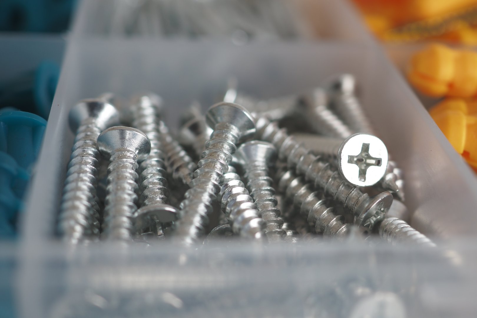Close-up view of metal screws stored in a divided container, showing details.