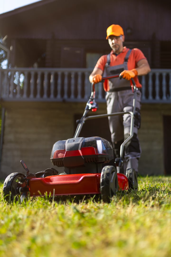 A gardener in bright clothing uses a lawnmower to maintain a grassy area in front of a wooden house. The sunlight enhances the vibrant colors and creates a cheerful atmosphere.