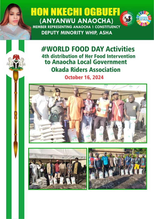 Event poster for World Food Day, showing people posing with food packages for Okada Riders Association, October 16, 2024.