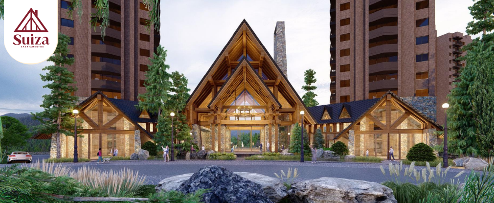 Wooden lodge-style entrance to a residential complex flanked by tall buildings, surrounded by trees and landscaping.