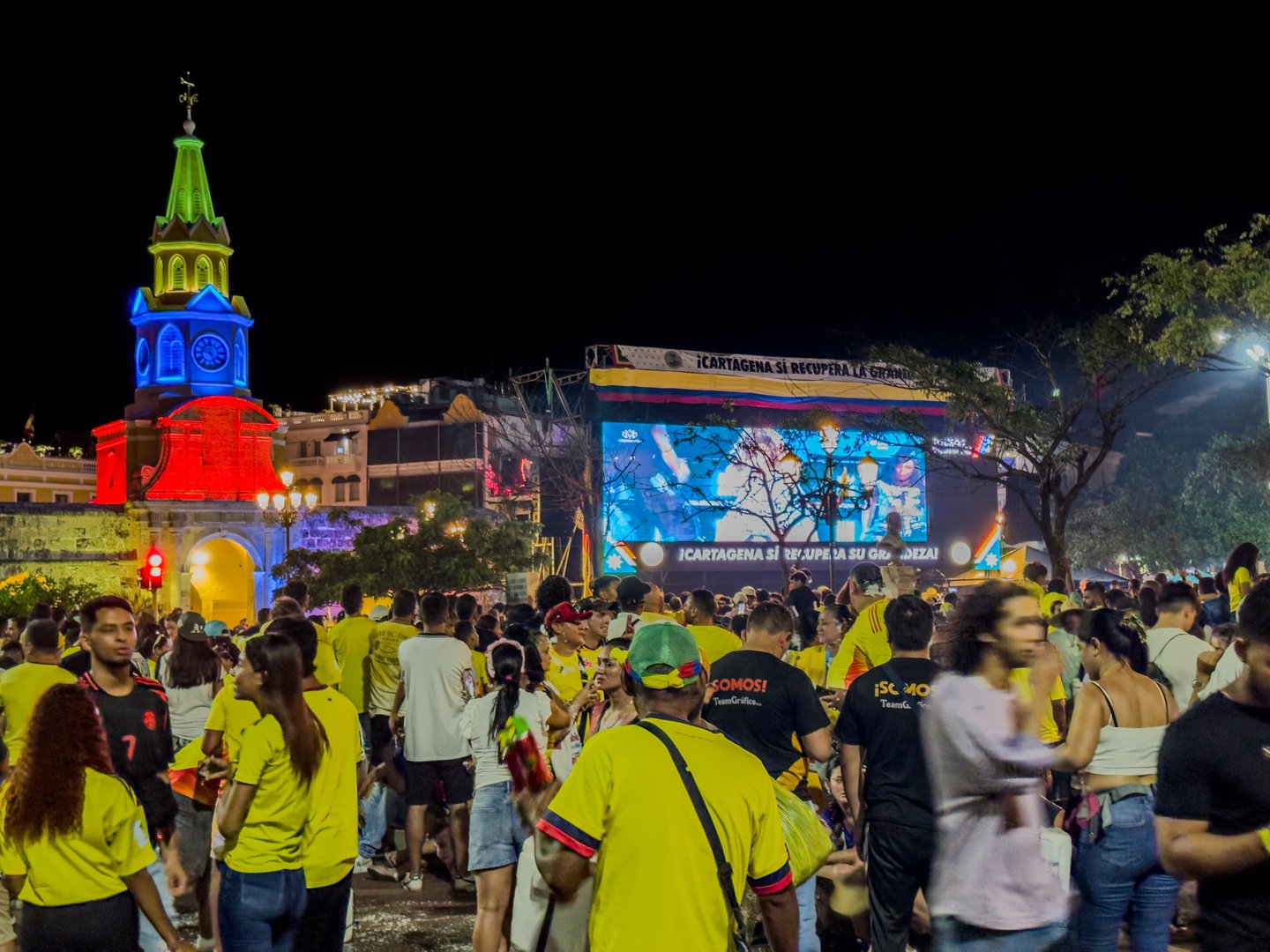 Aerial view of the people of Colombia Celebration the classification of the World Cup in a national party in the Clock tower in Cartagena