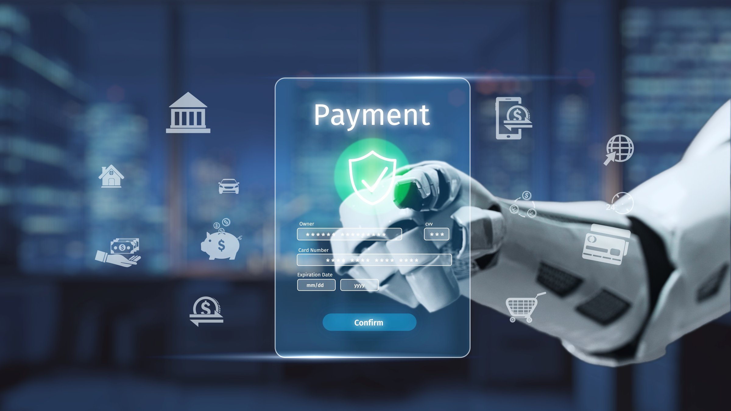 A futuristic robot hand interacts with a transparent digital payment interface, showcasing modern technology elements and financial icons in a sleek environment. Auvana