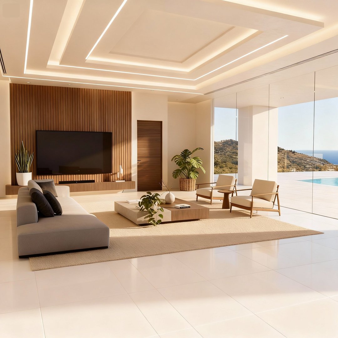 Modern living room with high ceilings, large windows, a fireplace, and stylish decor in a contemporary home.