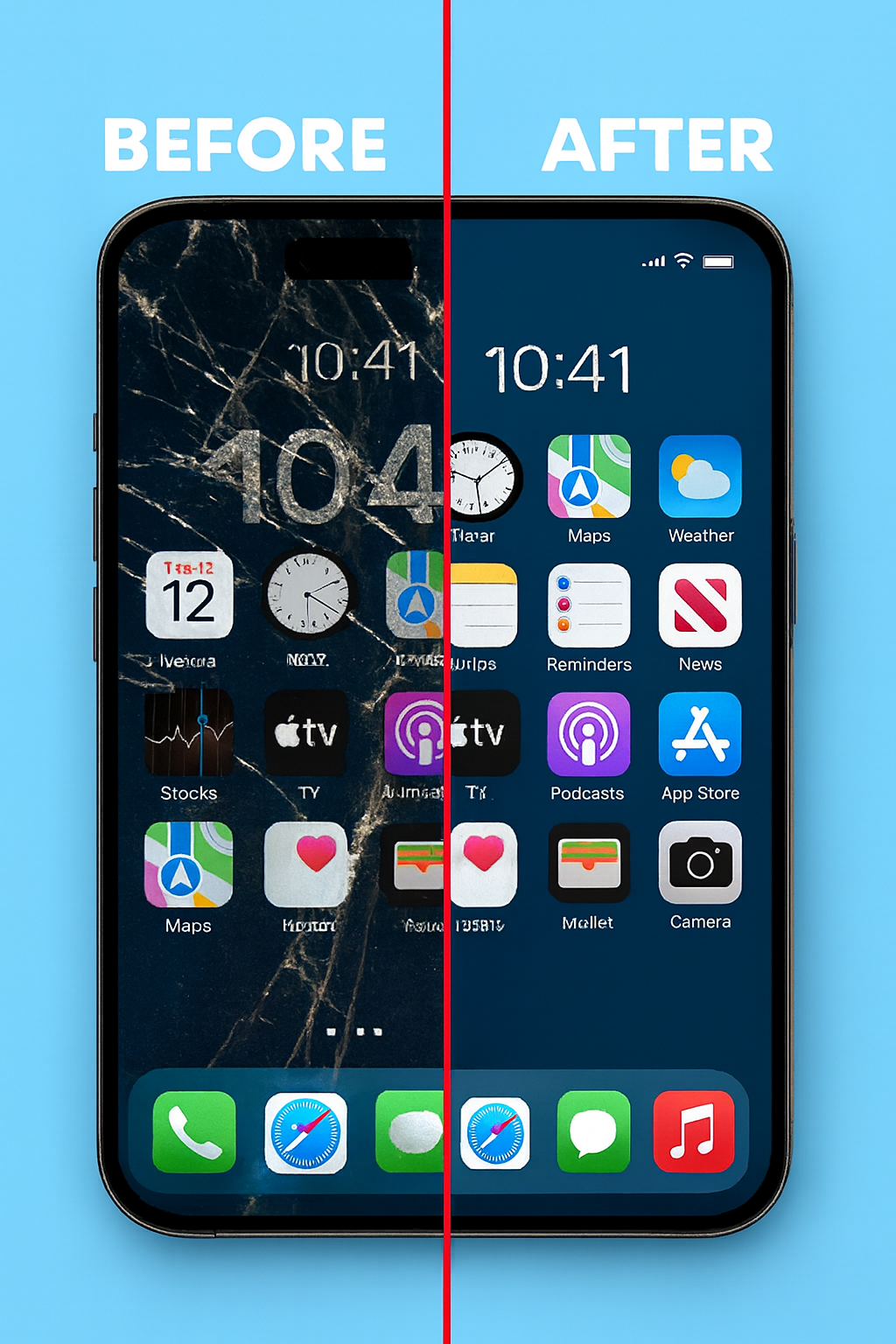 Cell phone screen repair before and after comparison