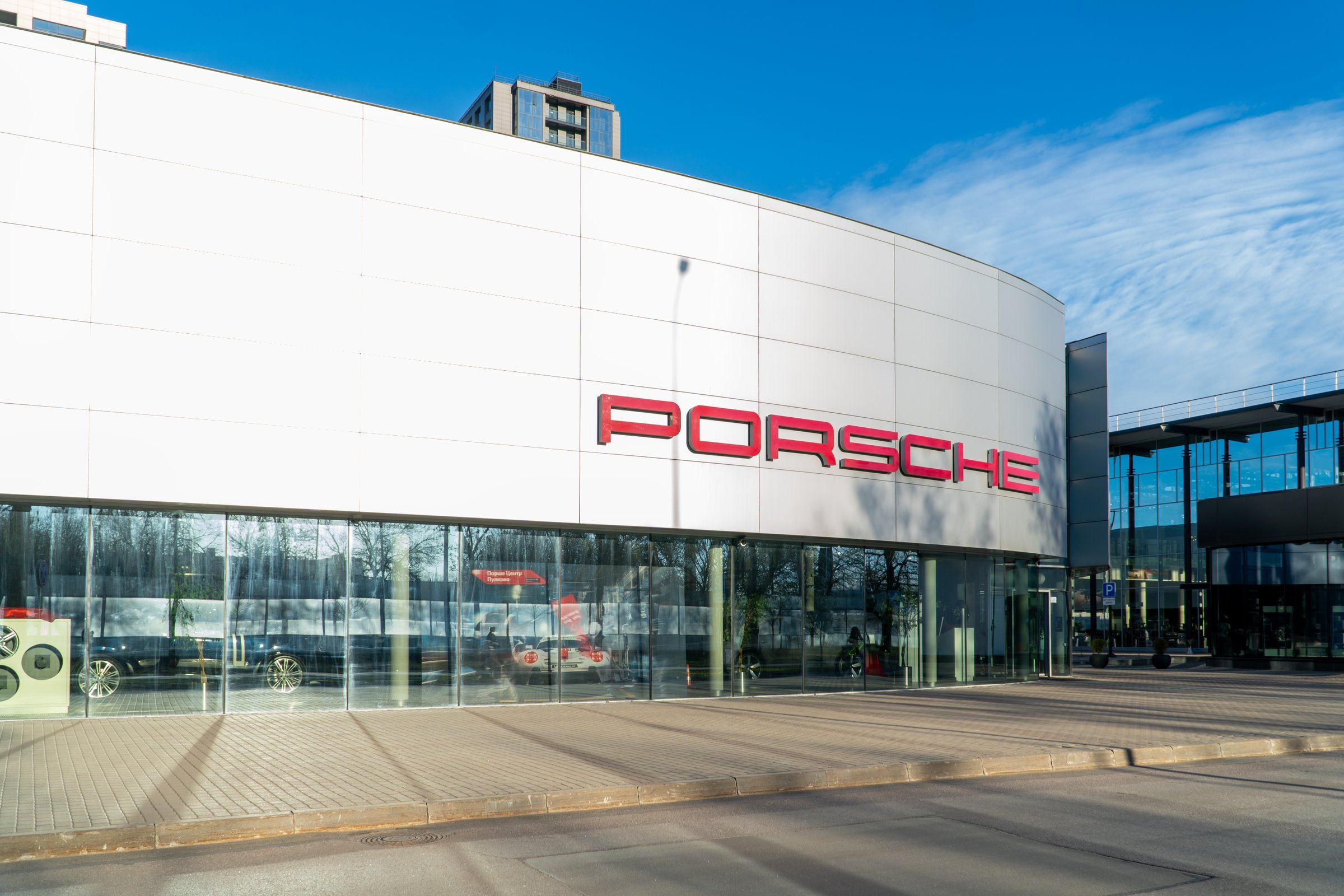 Facade of Porsche car store. The frontage of the Porsche Car Showroom. Porsche is a German automobile manufacturer specializing in high-performance sports car.