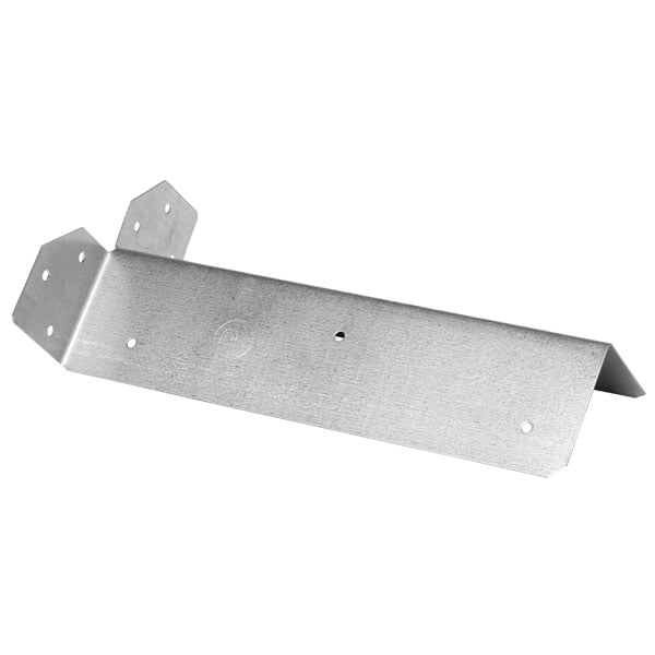 Metal bracket with multiple holes for mounting and structural support, featuring angled edges for stability.