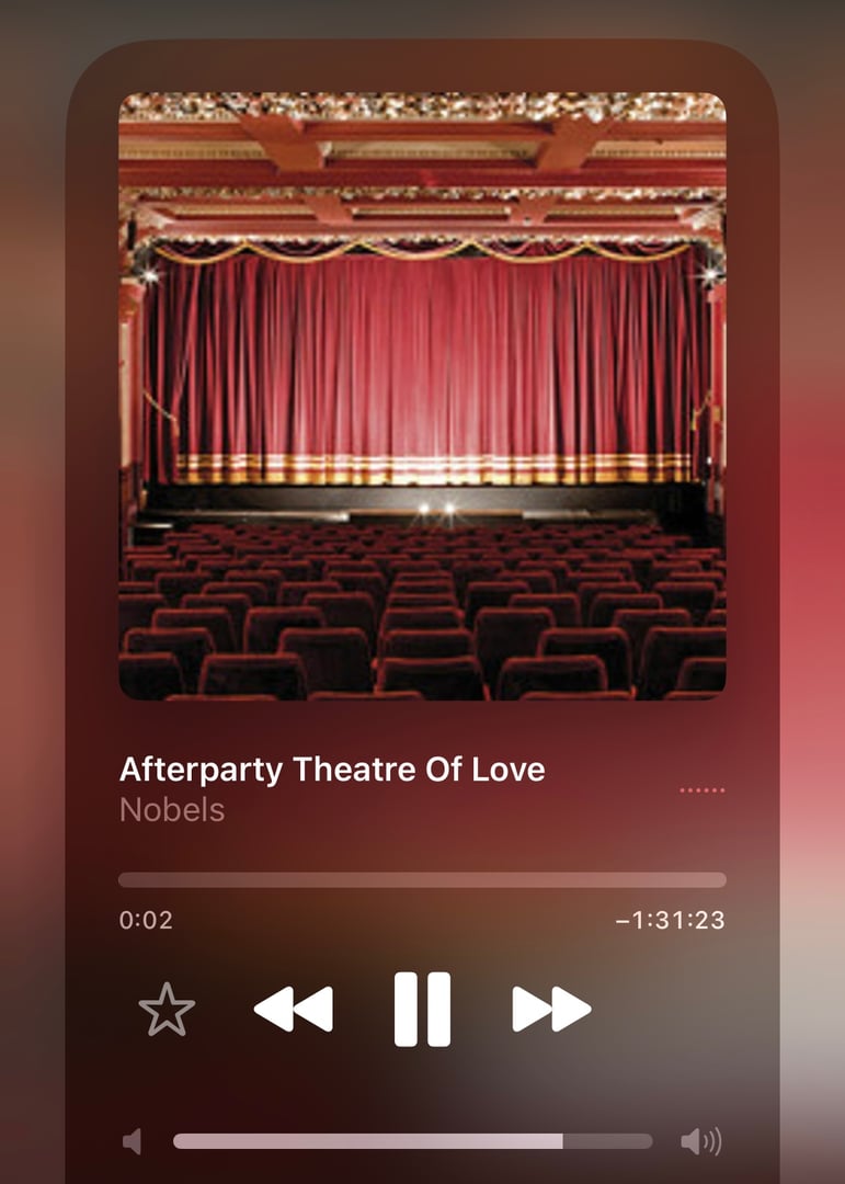 Music player showing Afterparty Theatre Of Love by Nobels, with an image of a theater stage and red curtains.