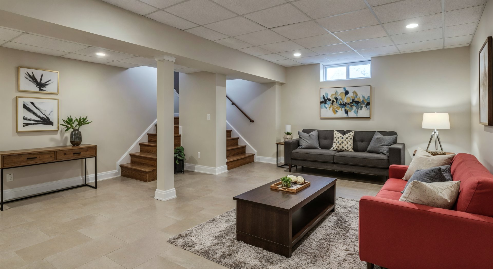 Cozy 3D render of a Scandinavian-style open kitchen and living room with wood accents and natural lighting.