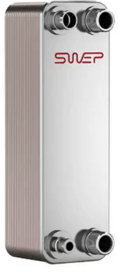 Metal heat exchanger with SWEP logo, featuring four connection ports and a ribbed surface for heat dissipation.