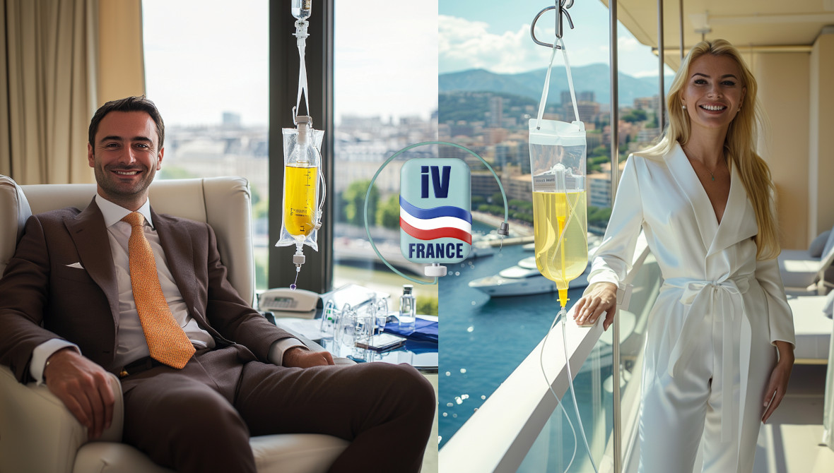 Two people receiving IV therapy; man in an office, woman on a balcony. IV France logo in the center.