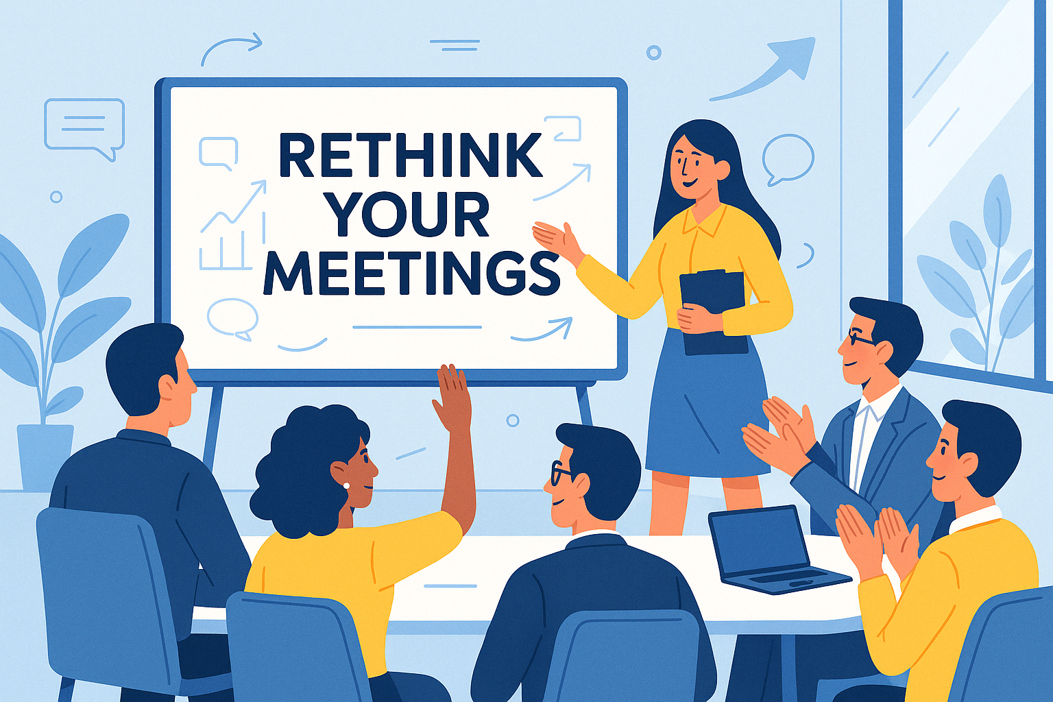 Illustration of a woman presenting "Rethink Your Meetings" to a group around a table in an office setting.
