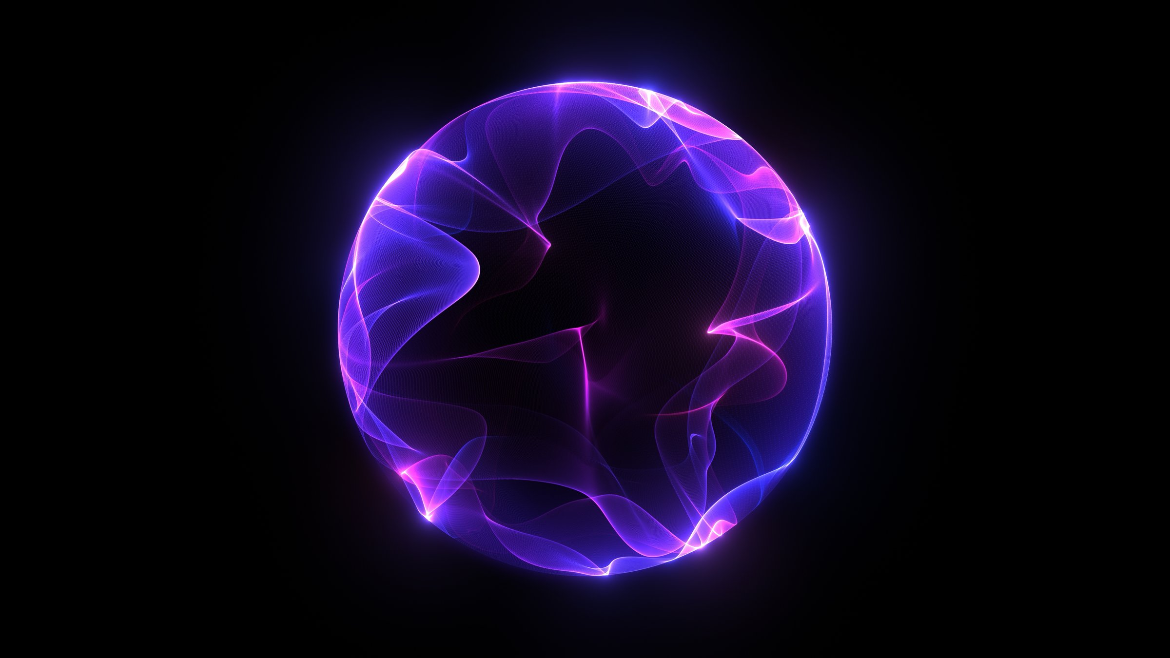 Futuristic energy sphere on black background representing AI and future technologies . 3D design element. Purple laser sphere. Glowing ball of pink and blue particles. Magenta purple orb
