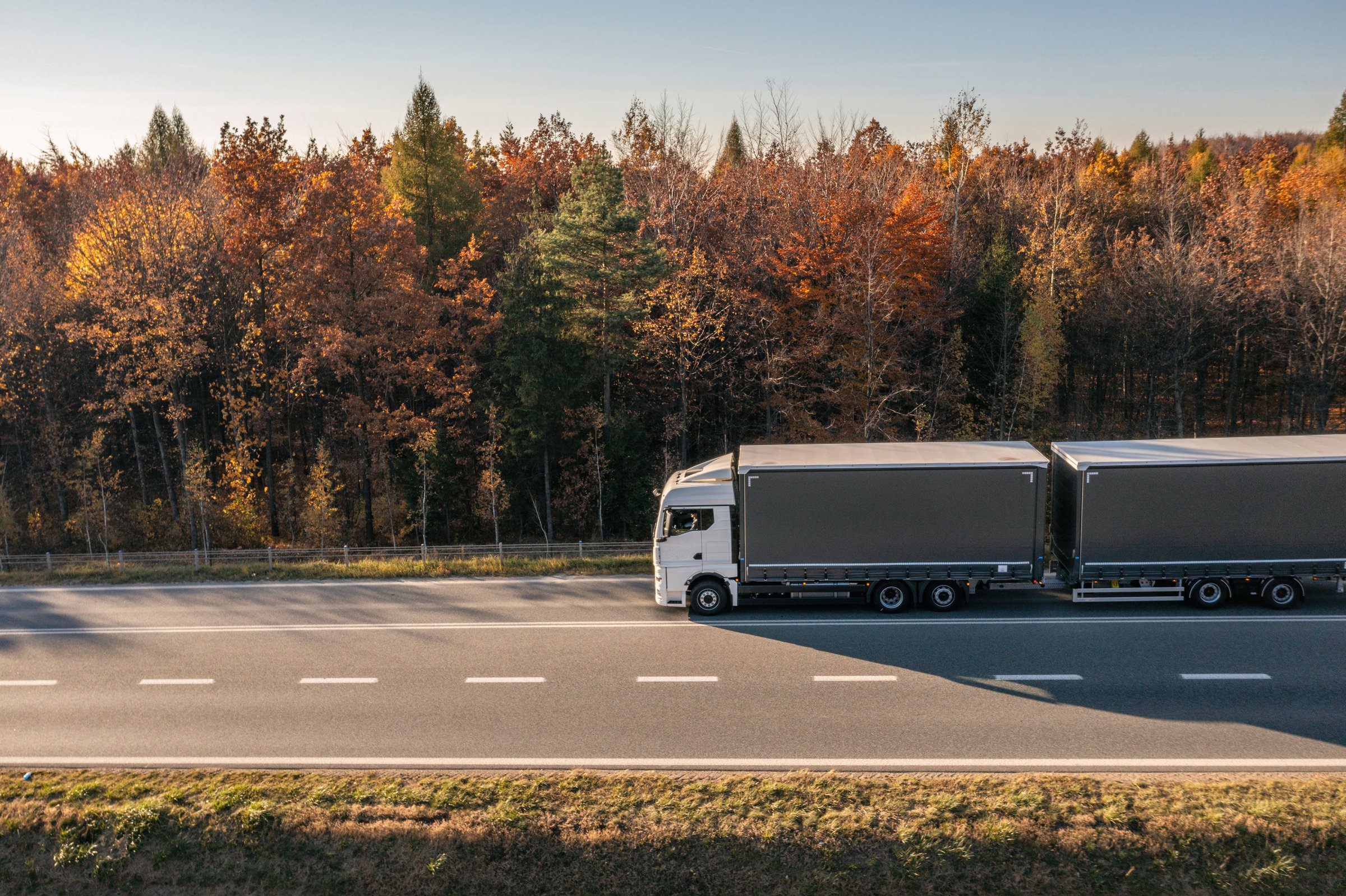 Truck is driving through the forest in autumn. Truck with semi-trailer in gray color. Car transport .