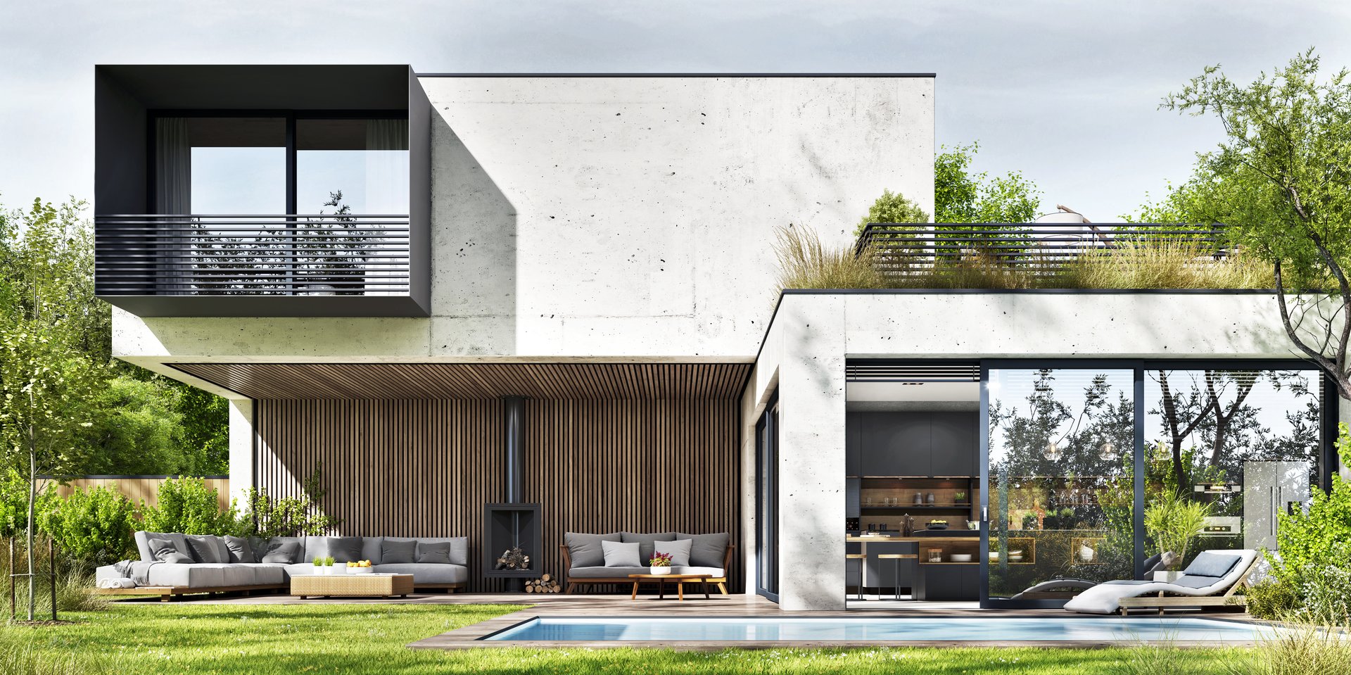 Modern house with kitchen and outdoor fireplace