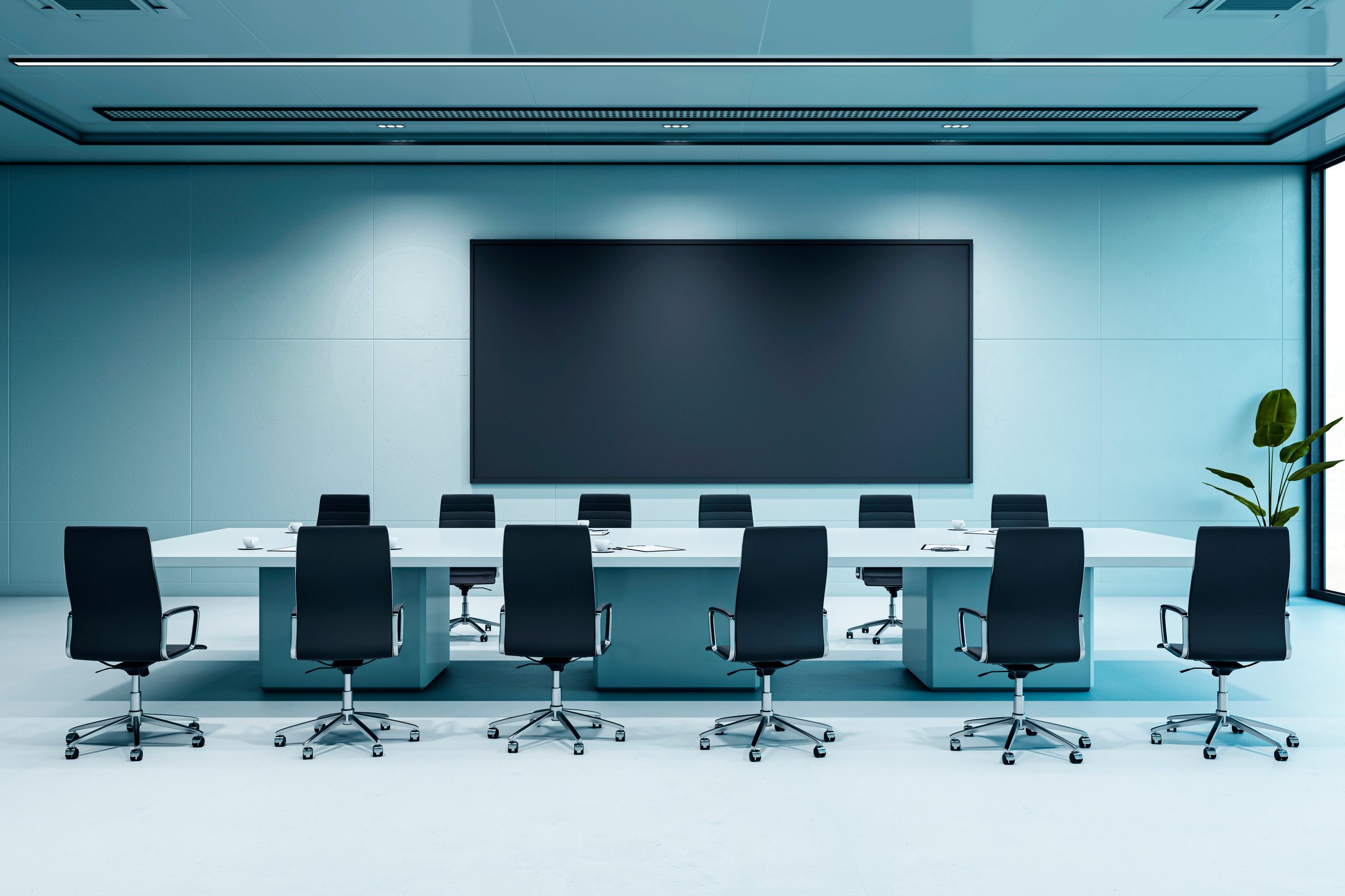 Contemporary boardroom interior featuring a large table, sleek chairs, and a black screen on a light backdrop, perfect for corporate meetings. 3D Rendering.
