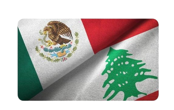 Flags of Mexico and Lebanon overlapping, showing Mexico's eagle emblem and Lebanon's cedar tree symbol.