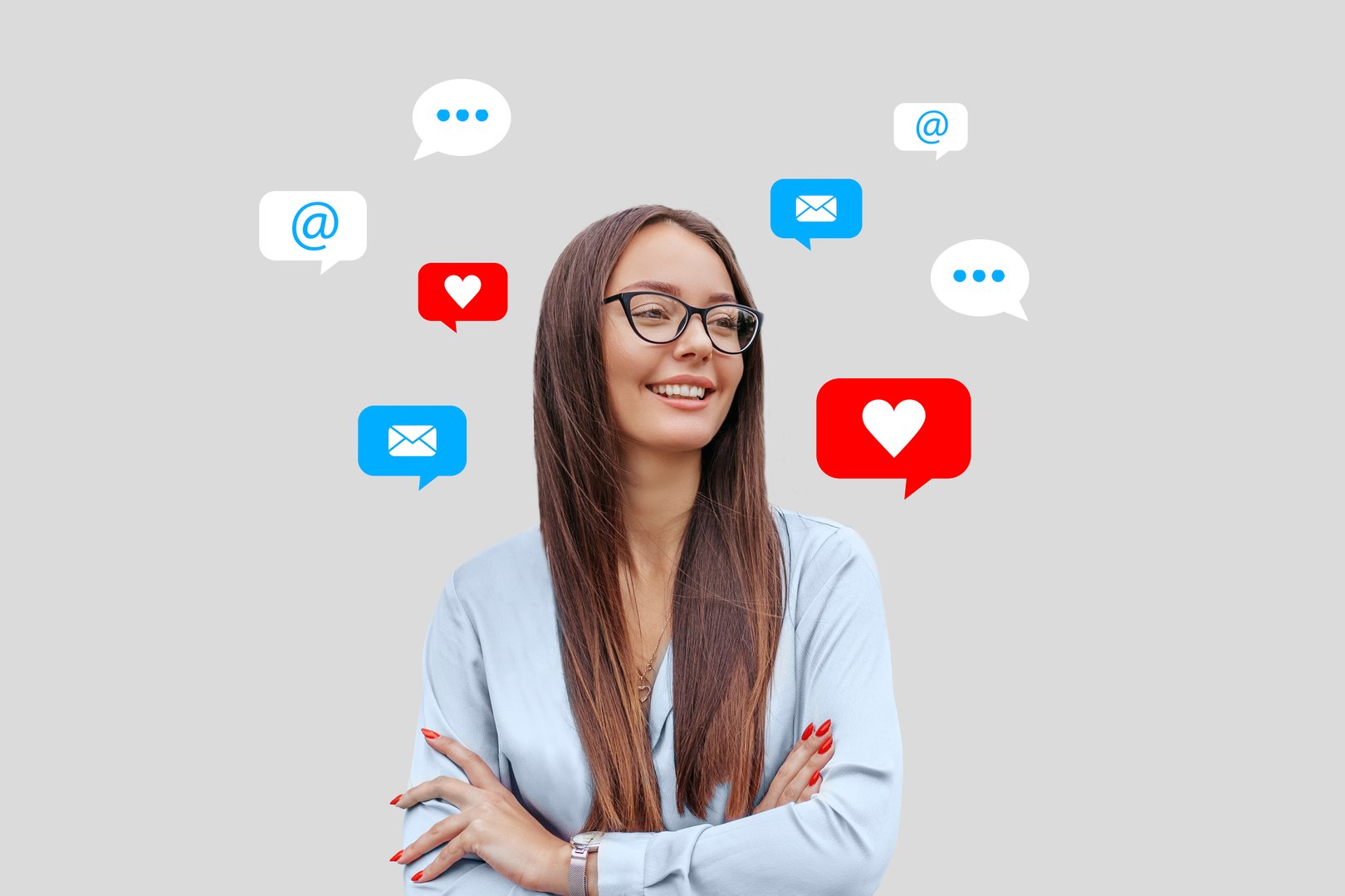 Portrait of a young woman in glasses with social media icons, message, email, like, mail. isolated background