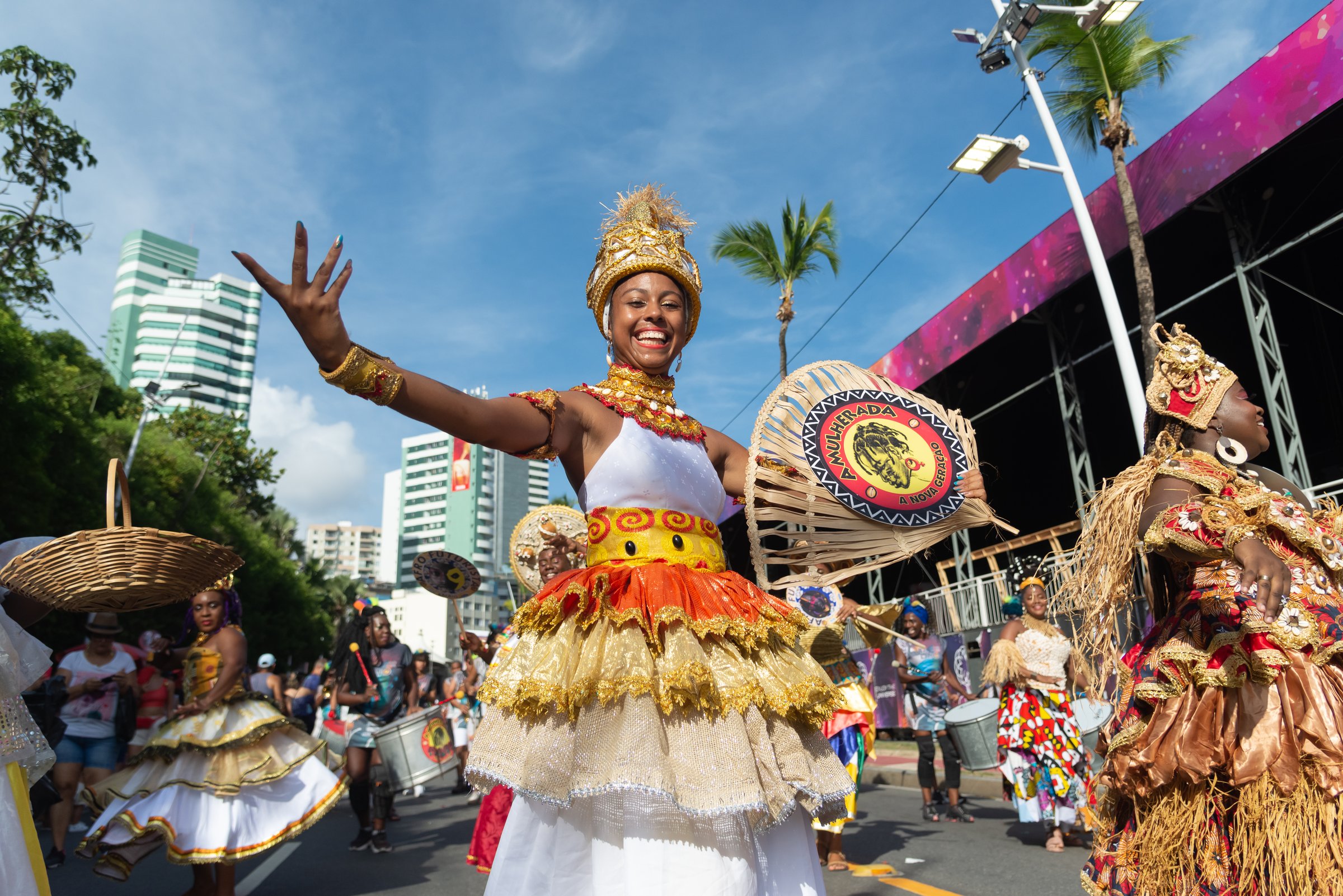 Salvador, Bahia, Brazil - February 03, 2024: Cultural group performs during the Fuzue pre-carnival in the city of Salvador, Bahia.
