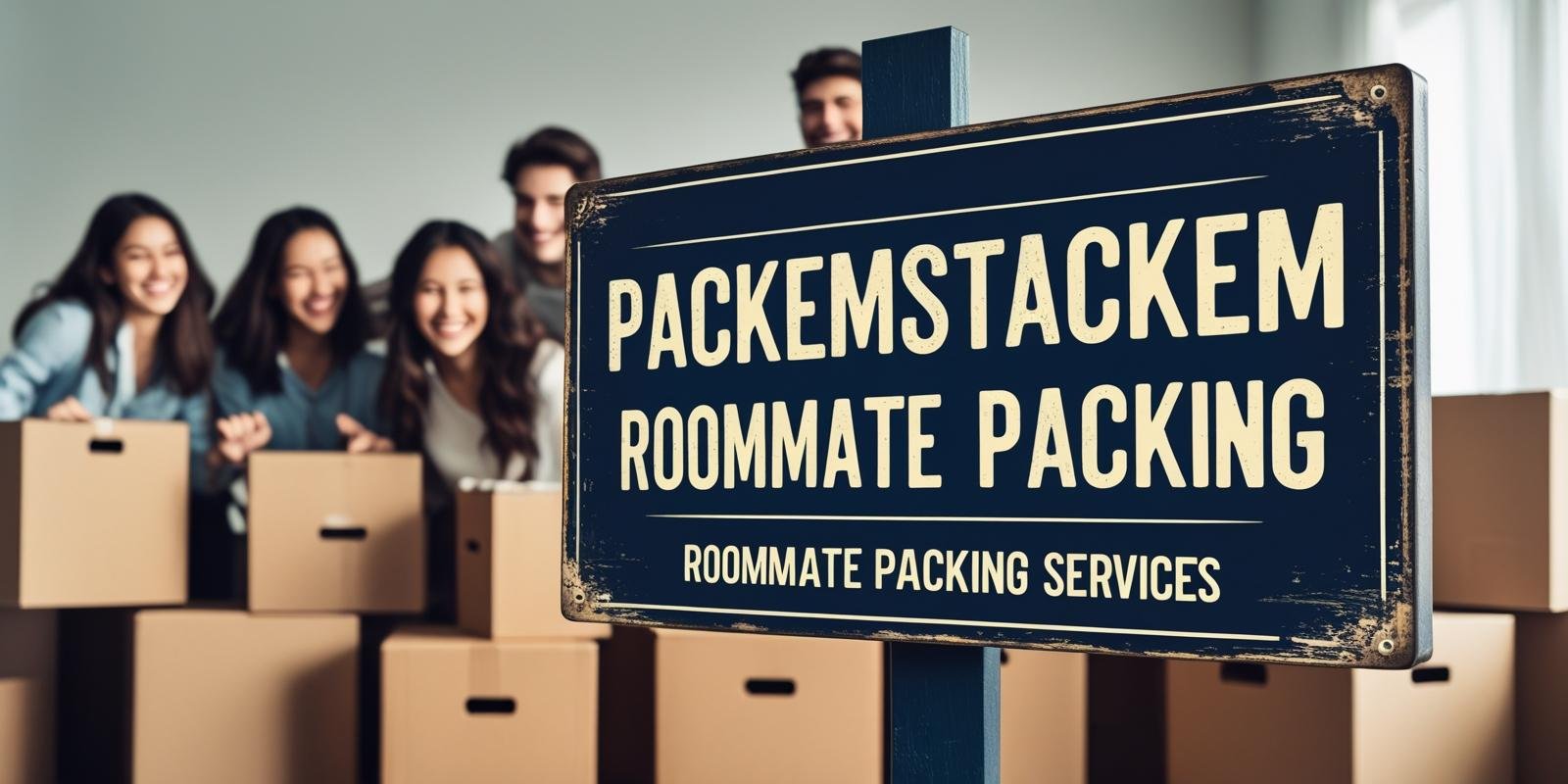 PackEmStackEm Roommate Packing sign with dark blue background, packing boxes, and roommates in the background
