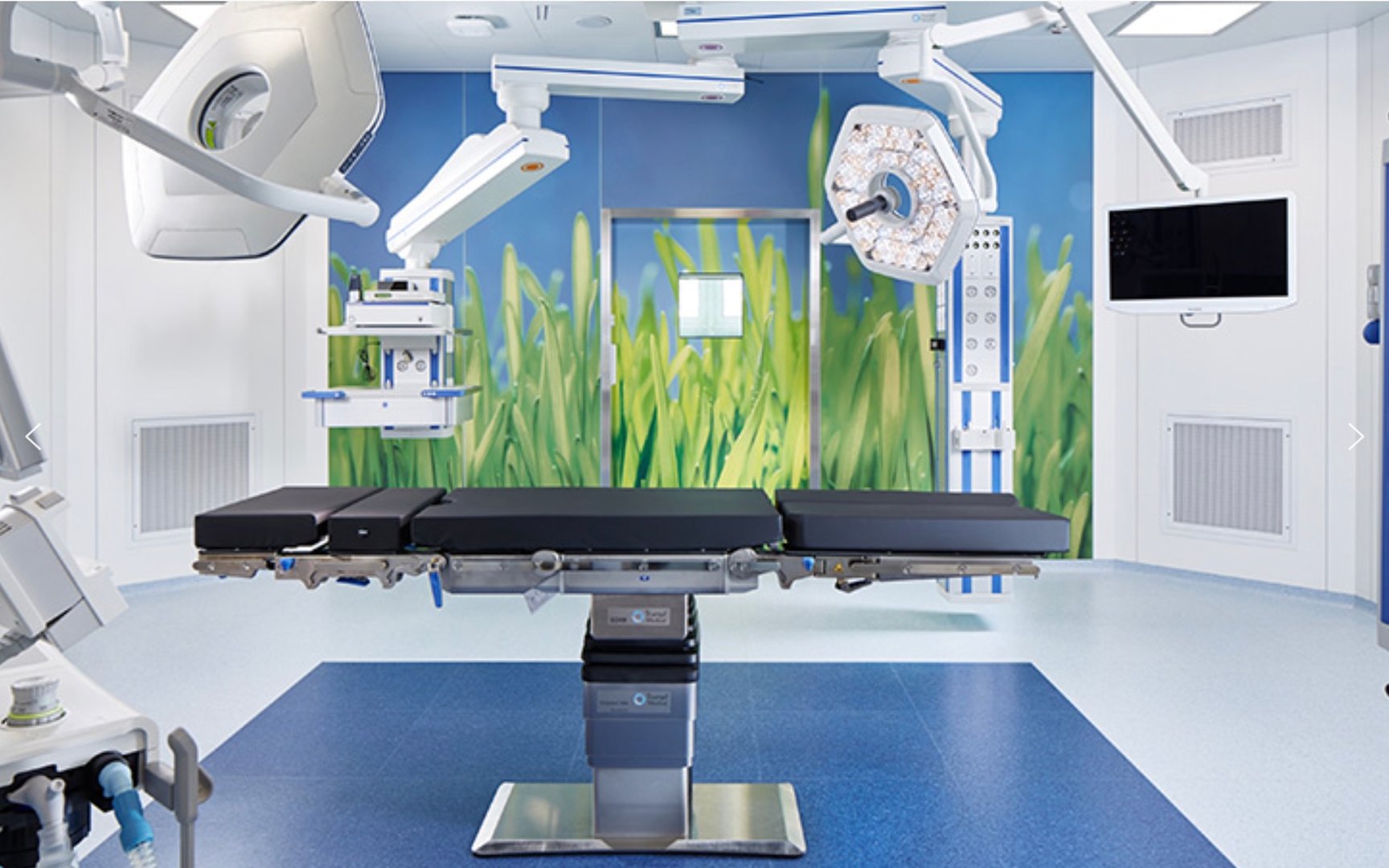 A modern operating room with advanced surgical equipment, including an operating table, lights, and monitors, and a nature mural.