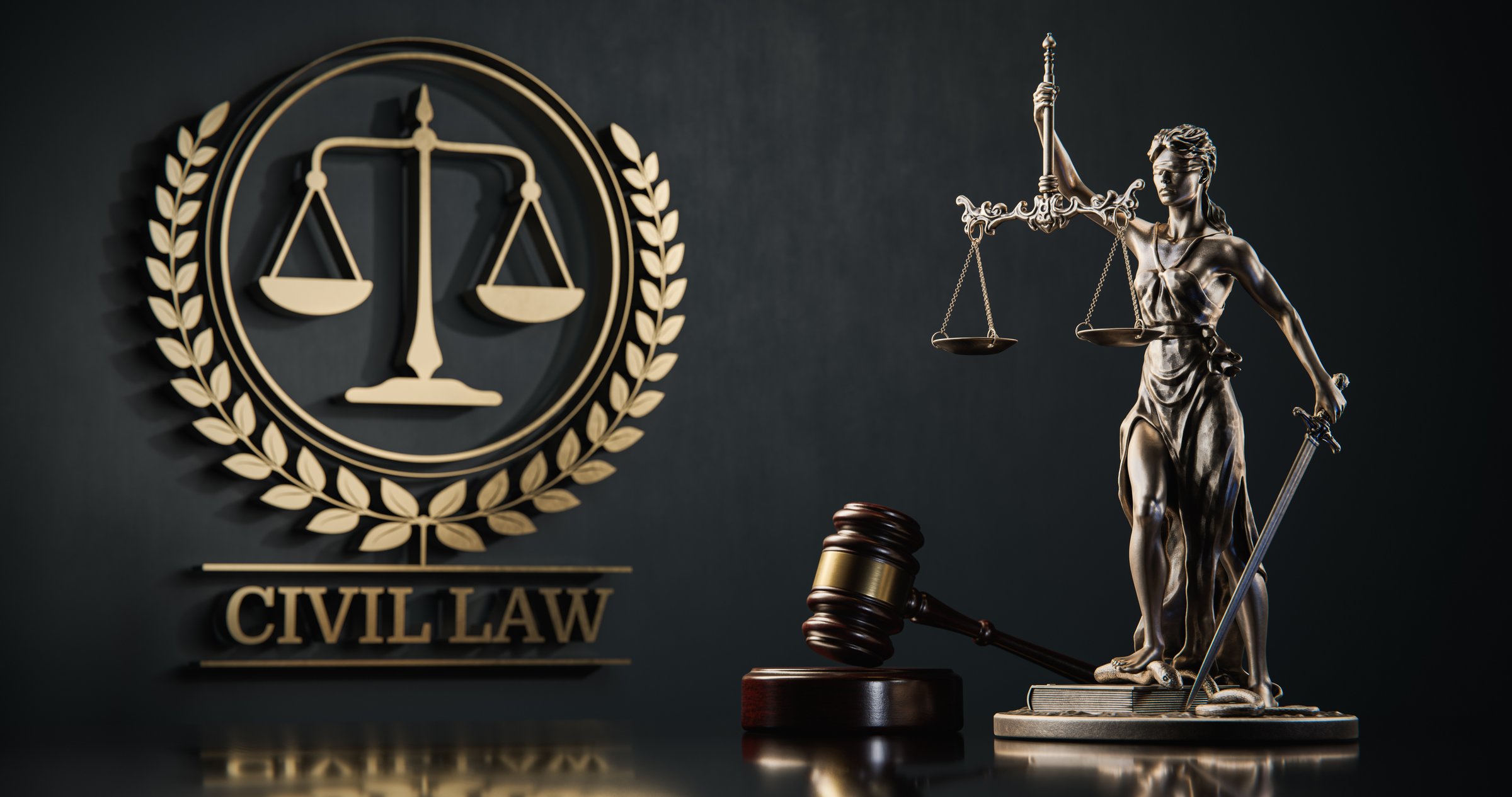 Civil Law: Themis and judge's gavel in the background of a golden icon with scales and text.